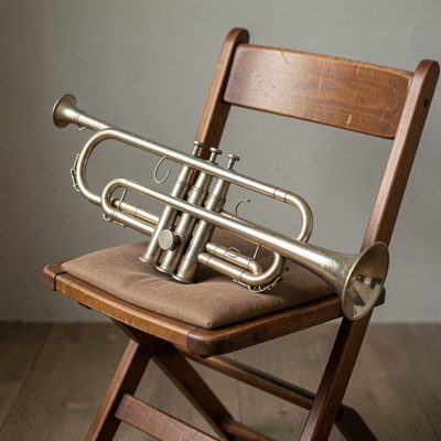 a trumpet resting on a folded chair