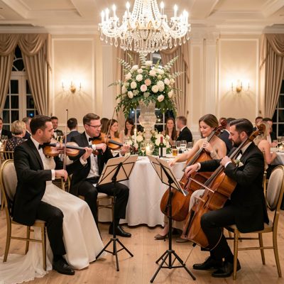 a string quartet playing at a wedding reception