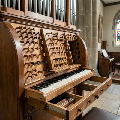 a church organ console with stops pulled out