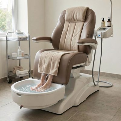 a pedicure spa chair with a foot bath running