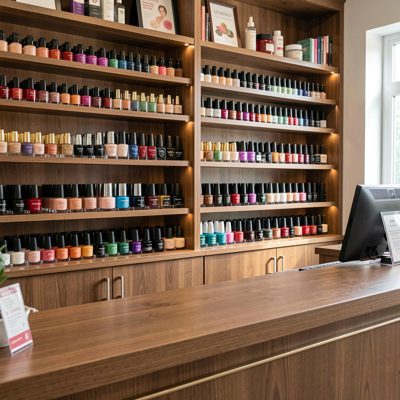 a shelf of nail products behind a reception desk