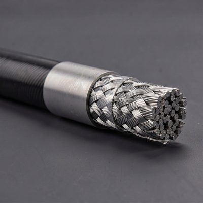 armoured fibre cable with the steel braid exposed at the cut end