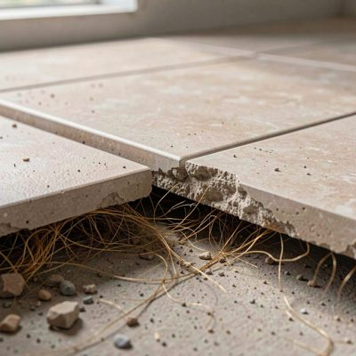 underfloor fiber exposed beneath tile panels after installation