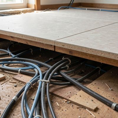 under floor cabling exposed beneath a lifted floor tile