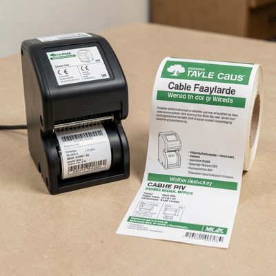 a cable label printer beside a printed wrap label