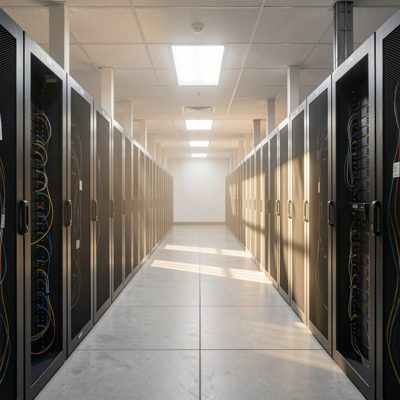 data center hallway illuminated by early morning light
