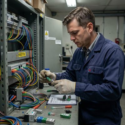 technician labeling lc connectors in dim work area