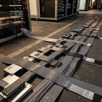 flat cables laid out for bending into rack modules at night