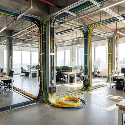 wide shot of completed office cabling system daytime