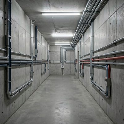 server room walls lined with conduit runs at early hour