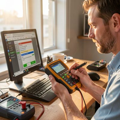 early morning tech verifying signal integrity on handheld meter