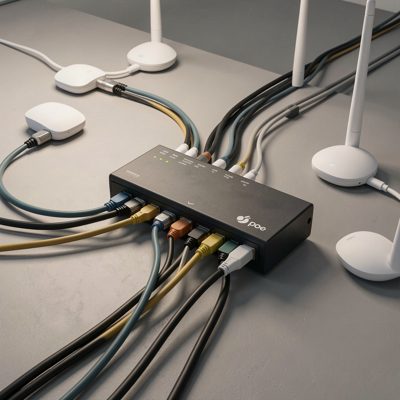 a poe switch with cables running off to access points