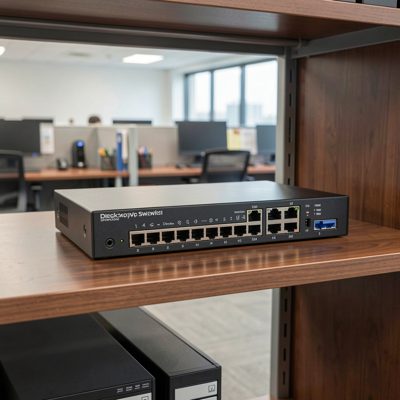 an unmanaged desktop switch on an office shelf
