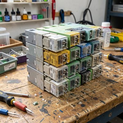 a stack of used switches on a workbench for testing