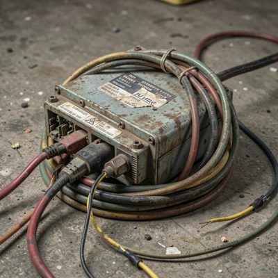 a decommissioned switch with its cables cut and coiled