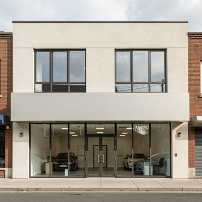 a two storey office front with a blank fascia board, blank empty sign board, no text, no lettering, no logo