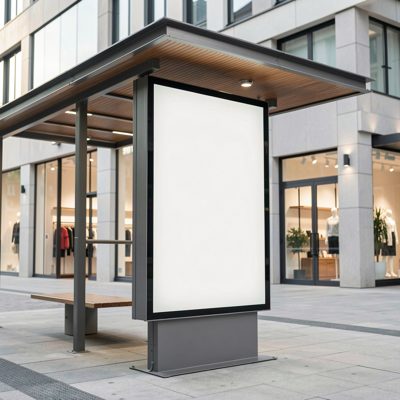 a modern retail pavilion with a blank freestanding sign, blank empty sign board, no text, no lettering, no logo