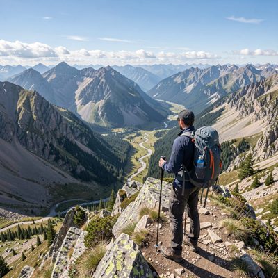 a hiker on a ridge with a valley below