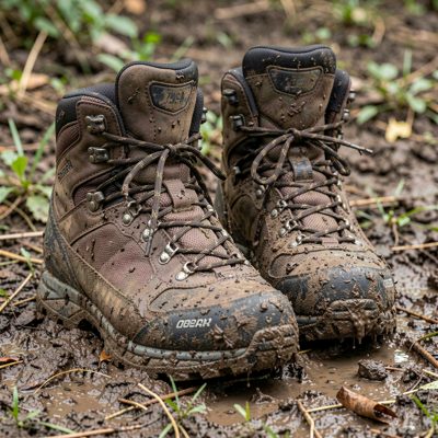 a pair of walking boots caked in mud
