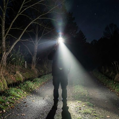 a headtorch beam on a path at night
