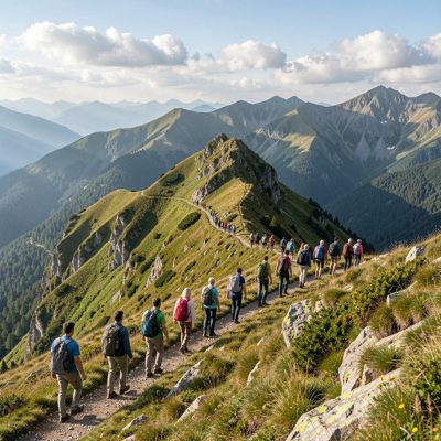 a group walking single file along a ridge