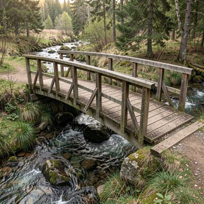 a wooden footbridge over a stream
