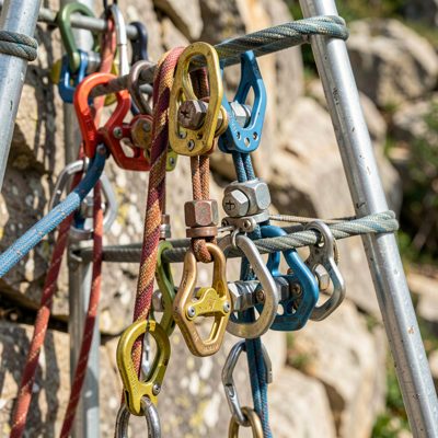 a climbing rack of cams and nuts
