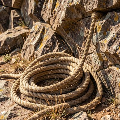 a rope coiled at the base of a crag