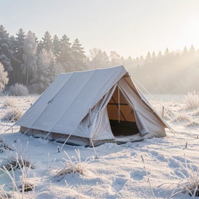 a frost covered tent in the morning