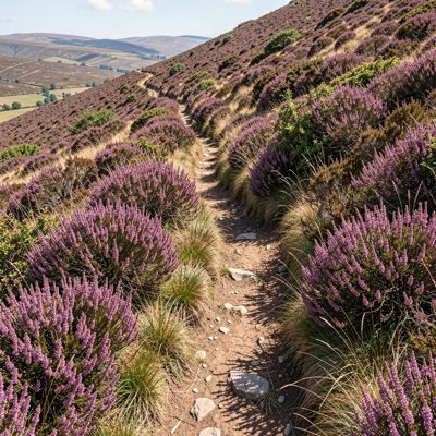 a trail through heather on a hillside