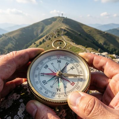 a compass bearing being taken on a hill