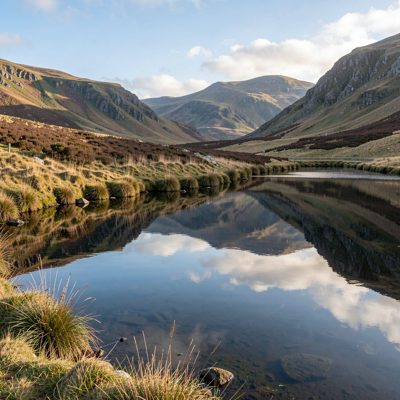 a tarn reflecting the surrounding fells