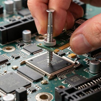 an m.2 drive being screwed down onto a motherboard