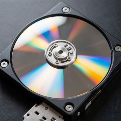 a hard drive platter reflecting light at an angle