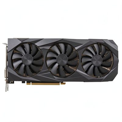 a large triple fan graphics card with a dark angular shroud, no logos, no text, no branding