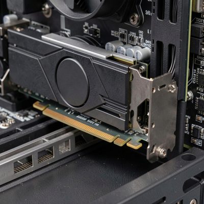 a graphics card being lowered into a pcie slot, no logos, no text, no branding