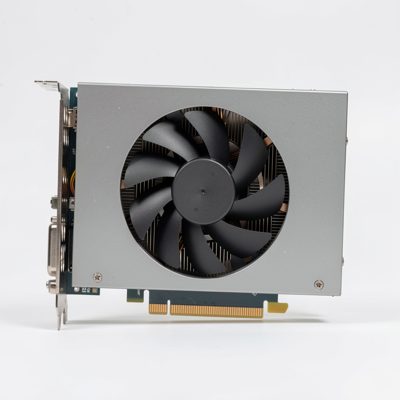 a blower style graphics card with a single end fan, no logos, no text, no branding
