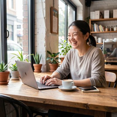 a person smiling while working at a cafe table