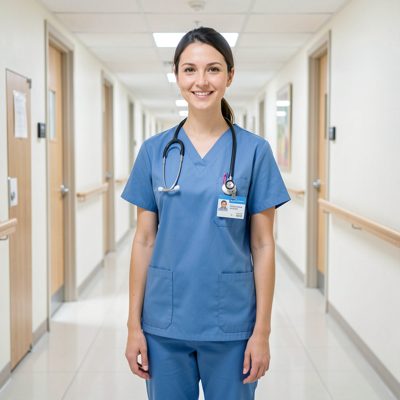 a nurse in scrubs standing in a bright corridor