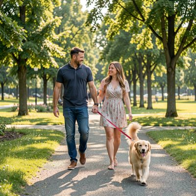 a man and a woman walking a dog in a park