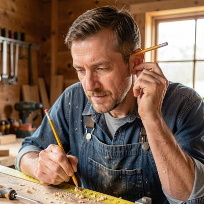 a carpenter measuring with a pencil behind the ear