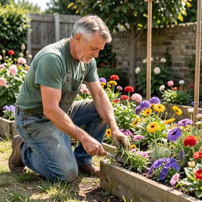 a gardener kneeling beside a flower bed