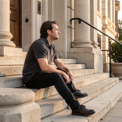 a person sitting on steps outside a building