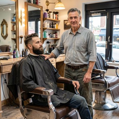 a barber standing beside a chair in a shop