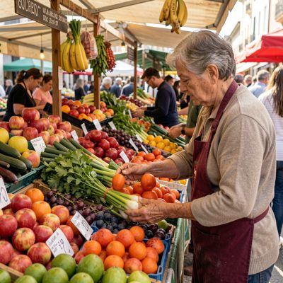 a person choosing produce at a market