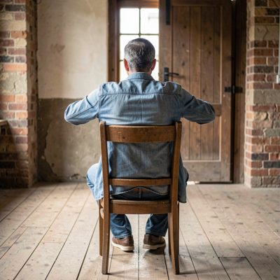an adult man seated backwards on a chair, arms resting on the back