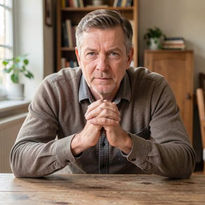 an adult man with hands clasped, elbows on a table