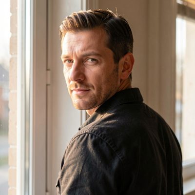 an adult man looking over his shoulder in window light