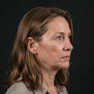a profile portrait of an adult woman against a dark background