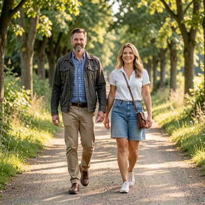 an adult man and woman walking side by side along a path